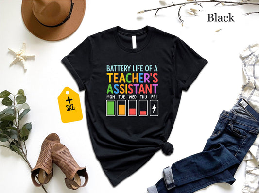 Battery Life Of A Teacher Assistant T-Shirt – Funny TA Shirt, School Staff Graphic Tee, Classroom Paraprofessional Gift, Unisex Education Shirt US 01