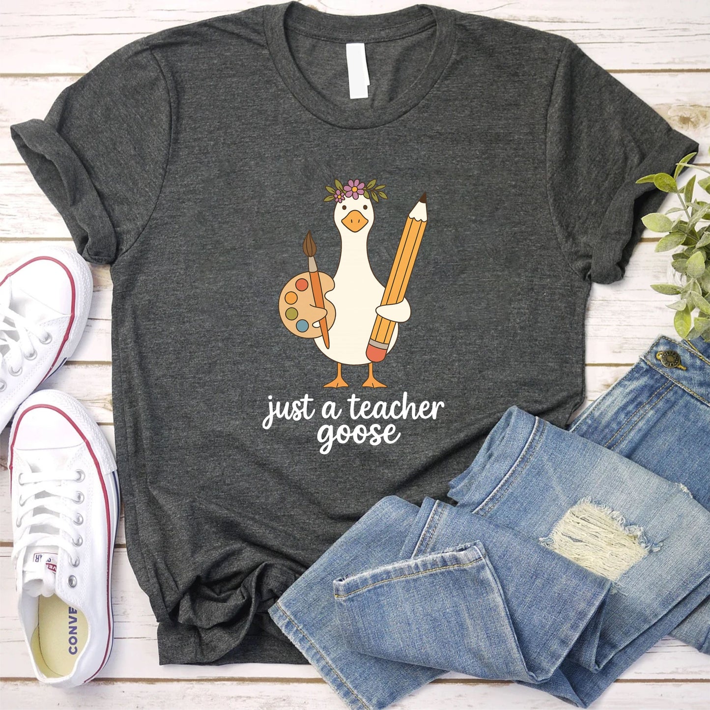 Just A Teacher Goose T-Shirt – Funny Kindergarten Teacher Shirt, Unisex Back To School Tee, Cute Goose Graphic, Teacher Appreciation Gift US 01