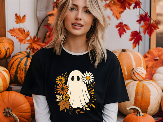 Spooky Floral Boo Shirt – Cute Halloween Ghost Tee With Flowers, Fall Aesthetic Graphic Top, Unisex October Outfit, Soft Goth Cottagecore Style - 29July