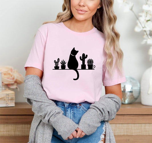 Cat And Plants T-Shirt – Cute Feline And Houseplants Graphic Tee, Botanical Cat Lover Gift Shirt - 08 aug 2025