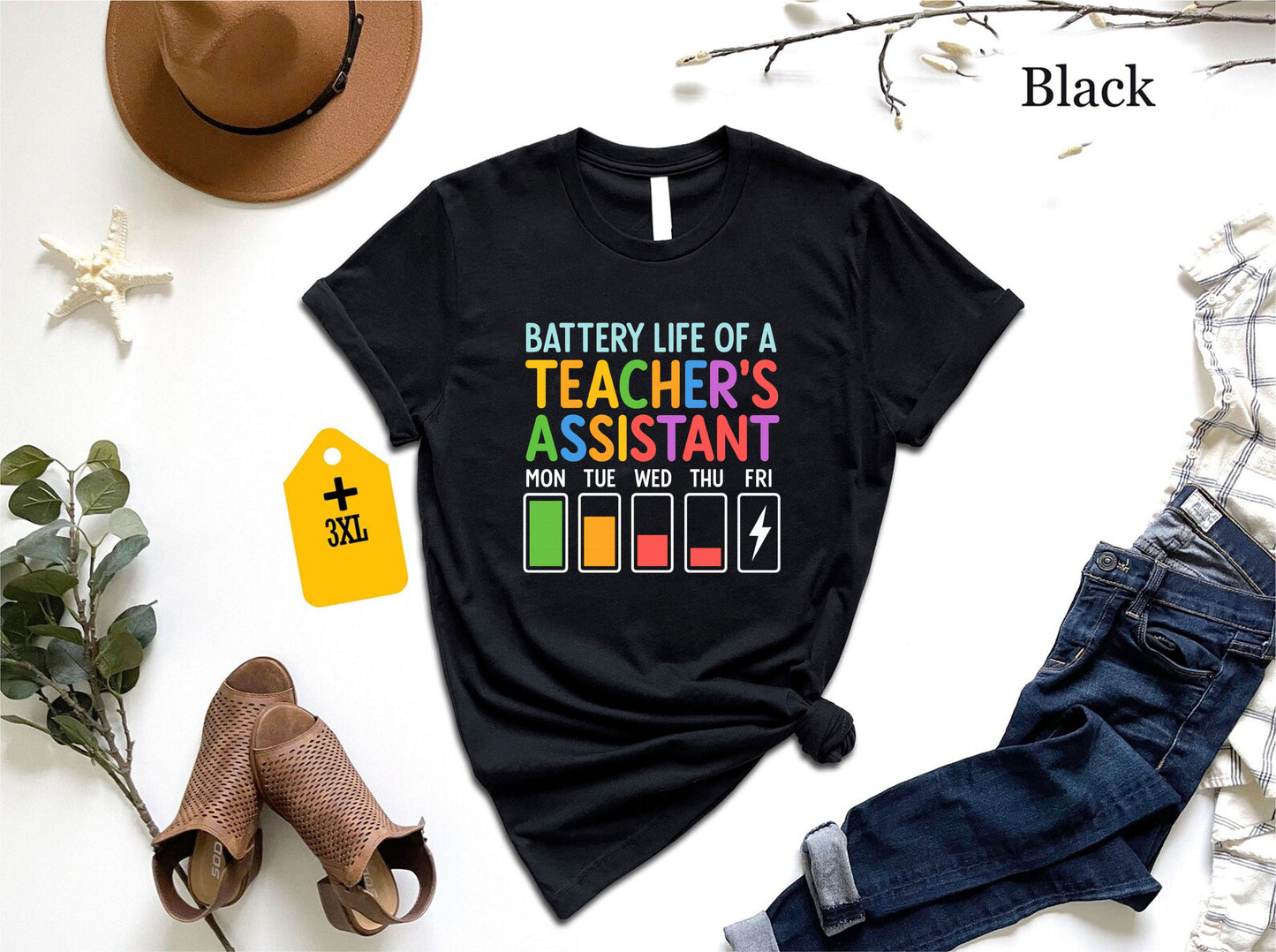 Battery Life Of A Teacher Assistant T-Shirt – Funny TA Shirt, School Staff Graphic Tee, Classroom Paraprofessional Gift, Unisex Education Shirt US 01
