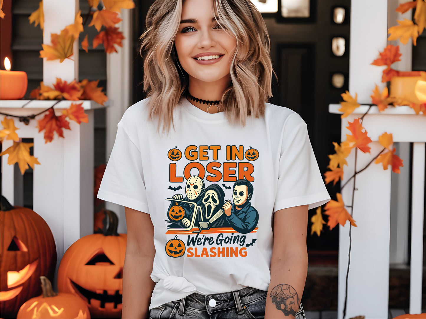 Get In Loser We're Going Slashing Shirt – Funny Halloween Horror Movie Tee, Spooky Killer Graphic Top, Unisex Scary Season Outfit for October 29july
