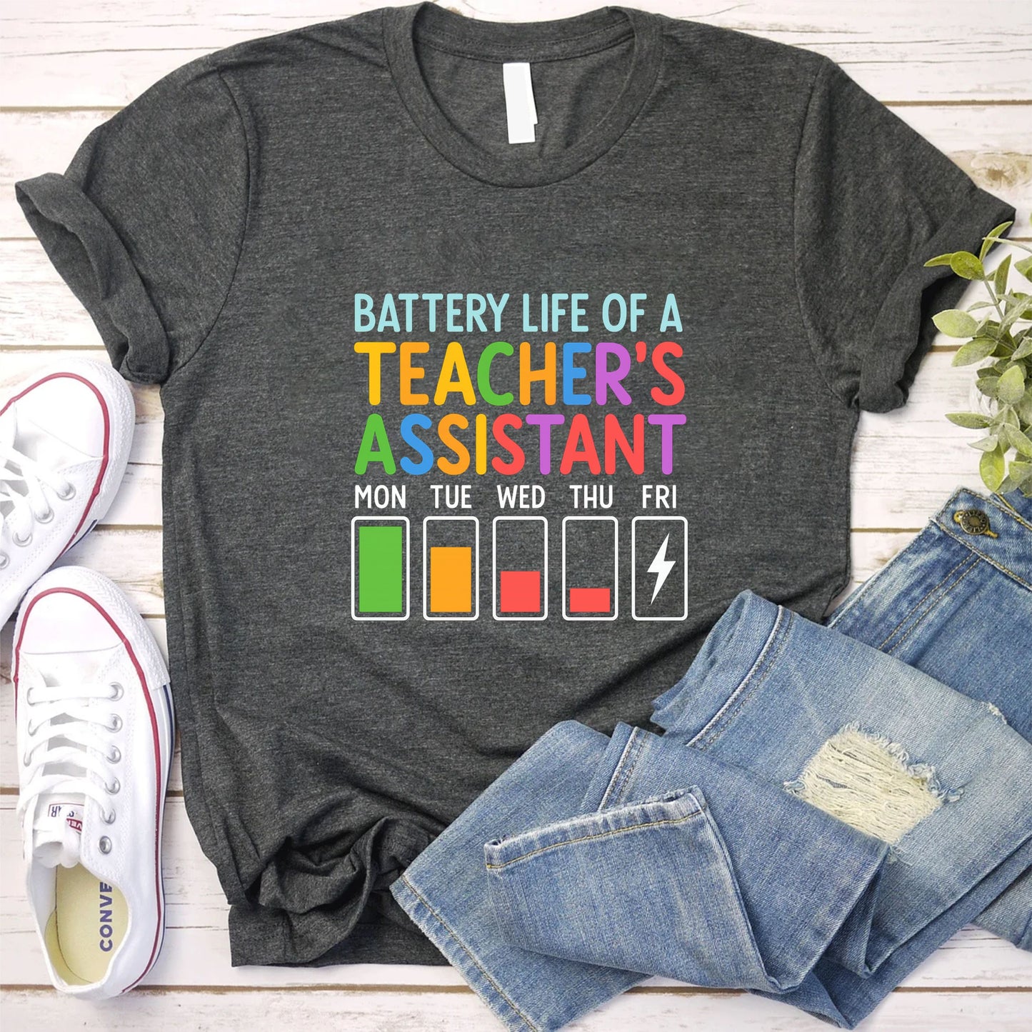 Battery Life Of A Teacher Assistant T-Shirt – Funny TA Shirt, School Staff Graphic Tee, Classroom Paraprofessional Gift, Unisex Education Shirt US 01