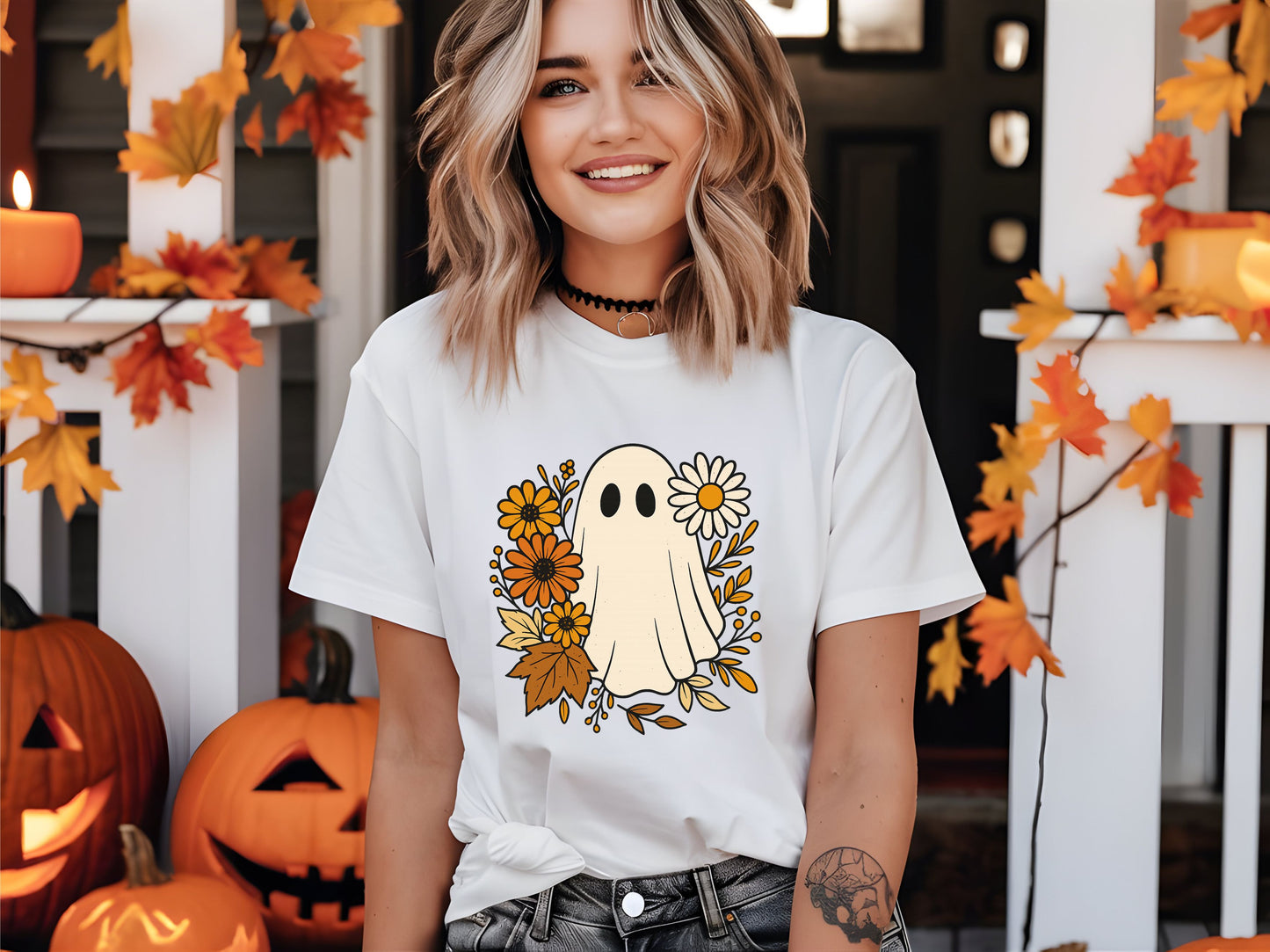 Spooky Floral Boo Shirt – Cute Halloween Ghost Tee With Flowers, Fall Aesthetic Graphic Top, Unisex October Outfit, Soft Goth Cottagecore Style - 29July