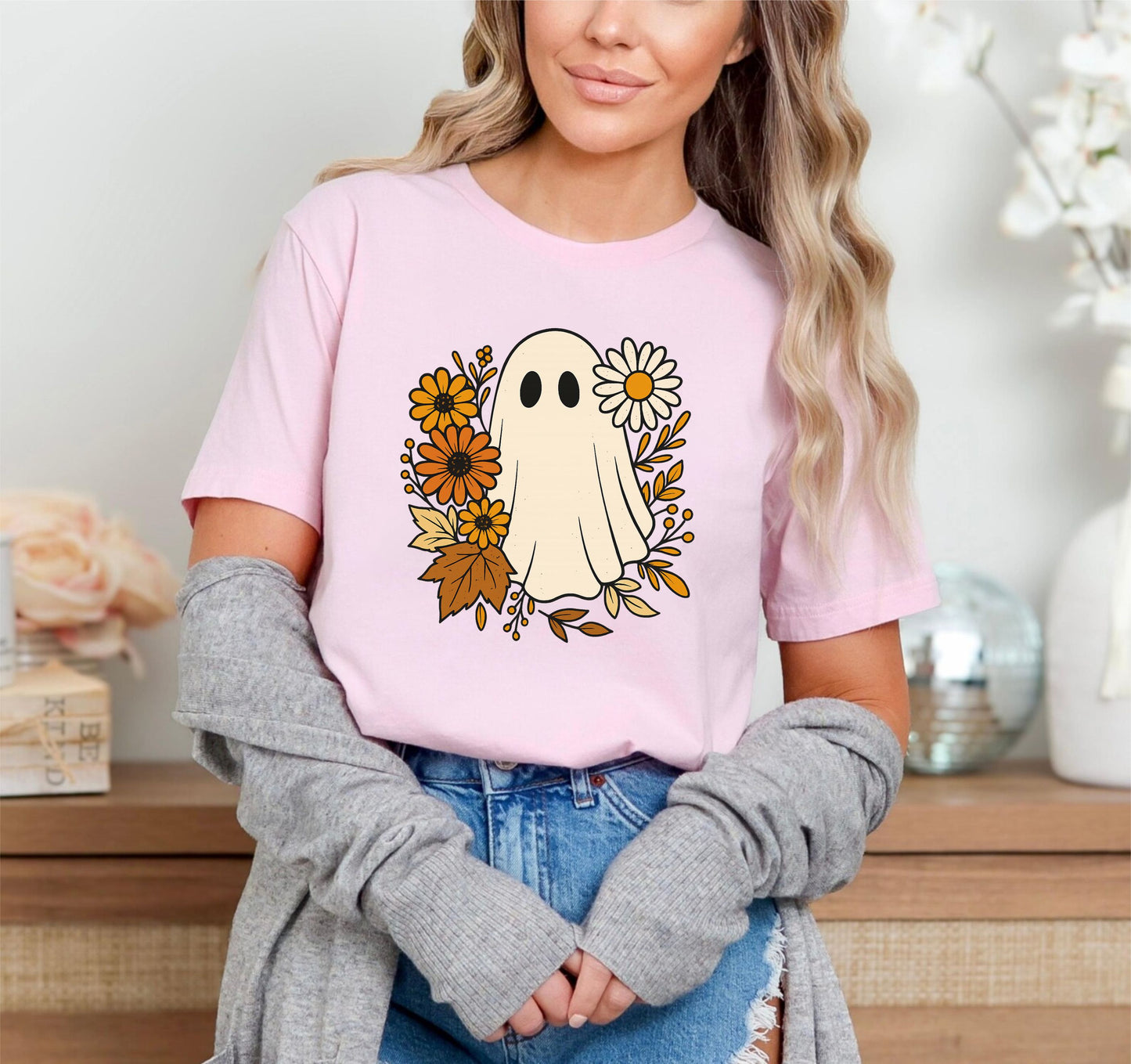 Spooky Floral Boo Shirt – Cute Halloween Ghost Tee With Flowers, Fall Aesthetic Graphic Top, Unisex October Outfit, Soft Goth Cottagecore Style - 29July