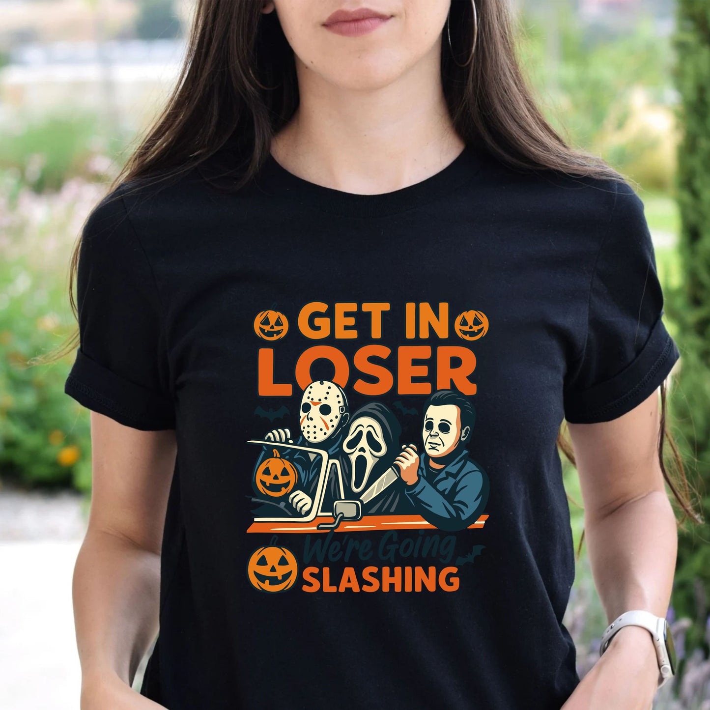 Get In Loser We're Going Slashing Shirt – Funny Halloween Horror Movie Tee, Spooky Killer Graphic Top, Unisex Scary Season Outfit for October 29july