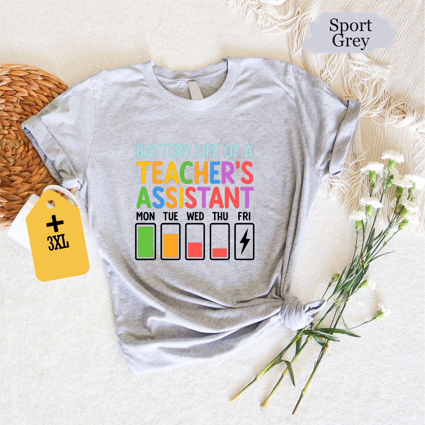 Battery Life Of A Teacher Assistant T-Shirt – Funny TA Shirt, School Staff Graphic Tee, Classroom Paraprofessional Gift, Unisex Education Shirt US 01