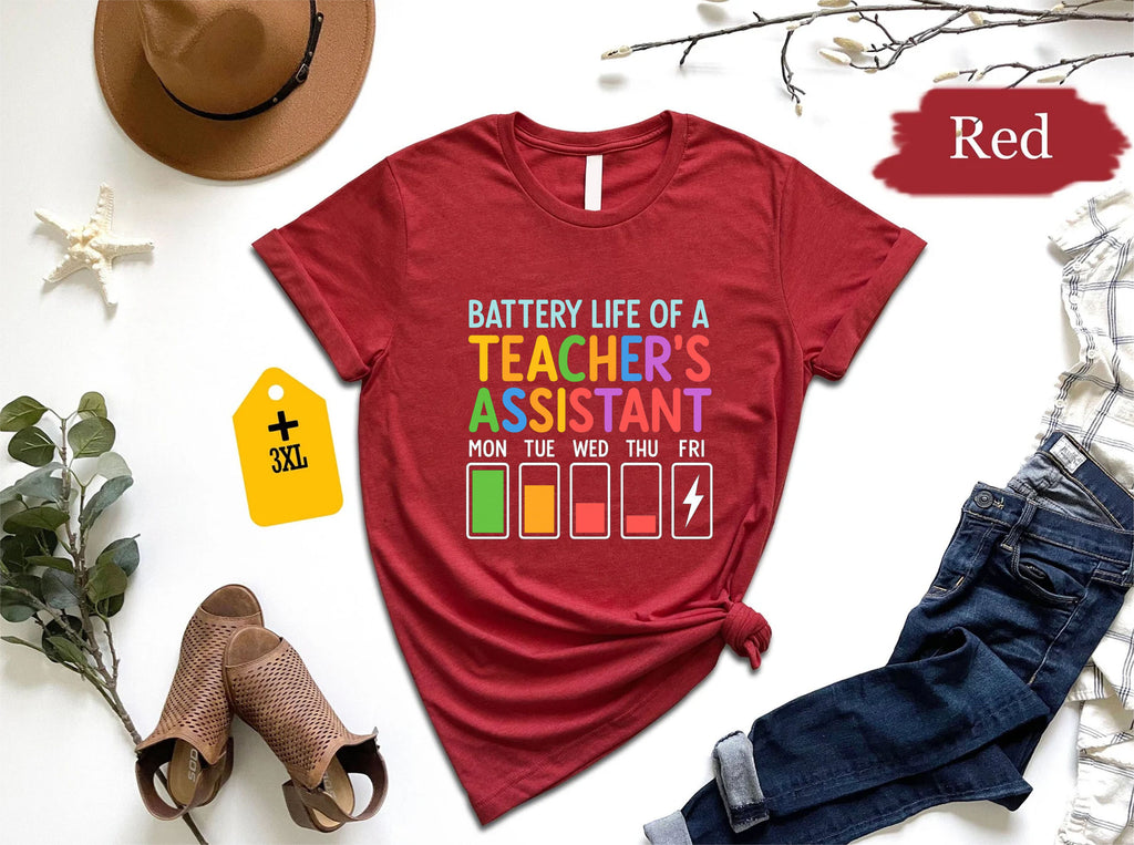 Battery Life Of A Teacher Assistant T-Shirt – Funny TA Shirt, School Staff Graphic Tee, Classroom Paraprofessional Gift, Unisex Education Shirt US 01