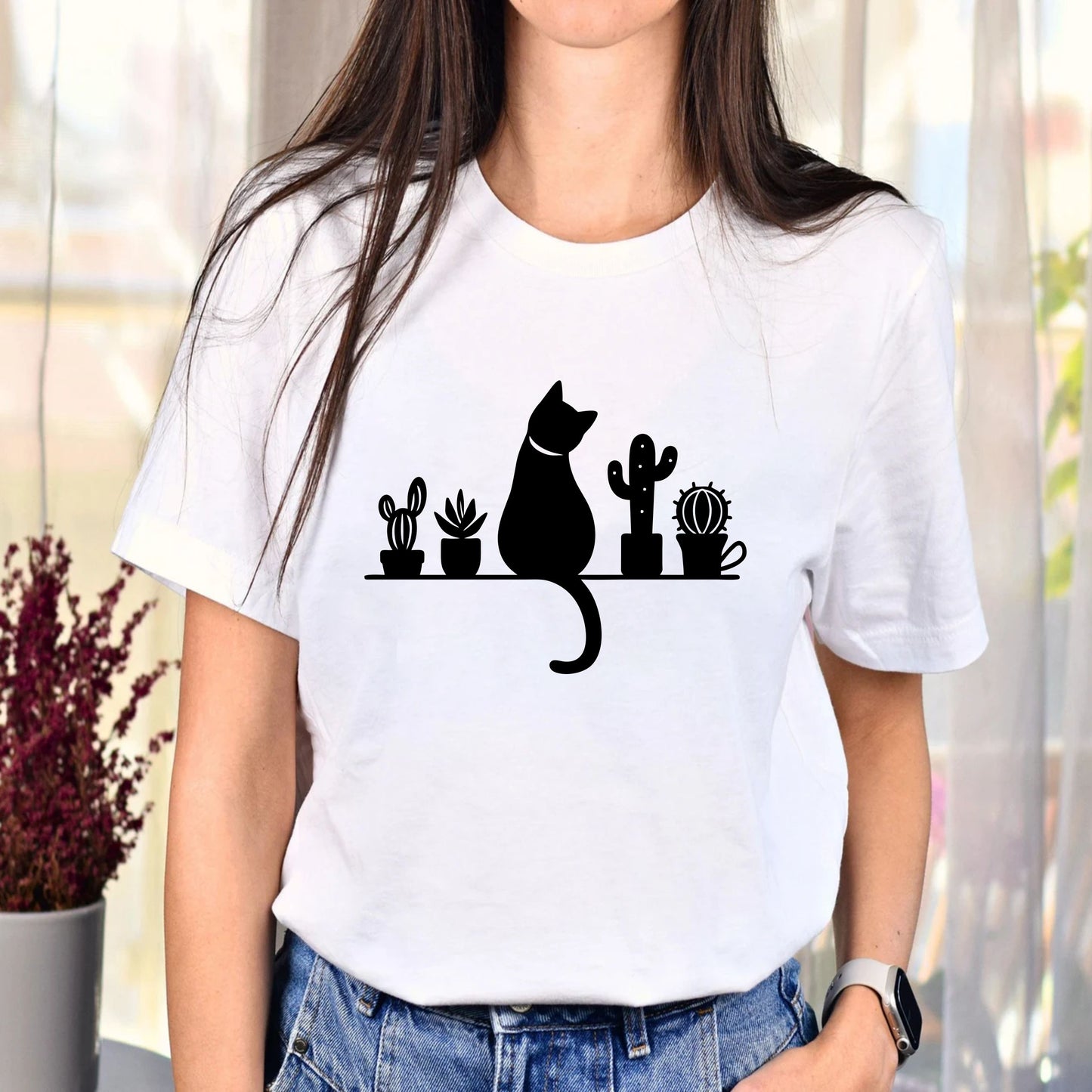 Cat And Plants T-Shirt – Cute Feline And Houseplants Graphic Tee, Botanical Cat Lover Gift Shirt - 08 aug 2025