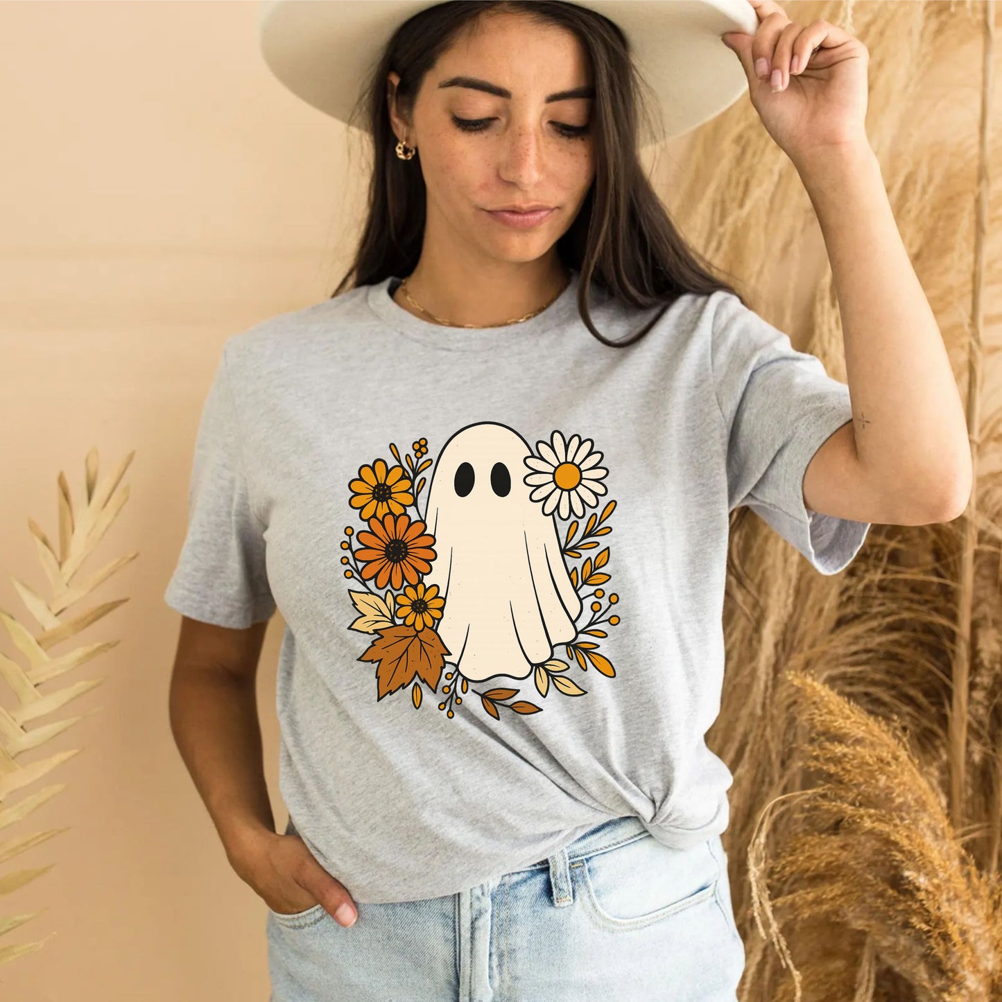 Spooky Floral Boo Shirt – Cute Halloween Ghost Tee With Flowers, Fall Aesthetic Graphic Top, Unisex October Outfit, Soft Goth Cottagecore Style - 29July
