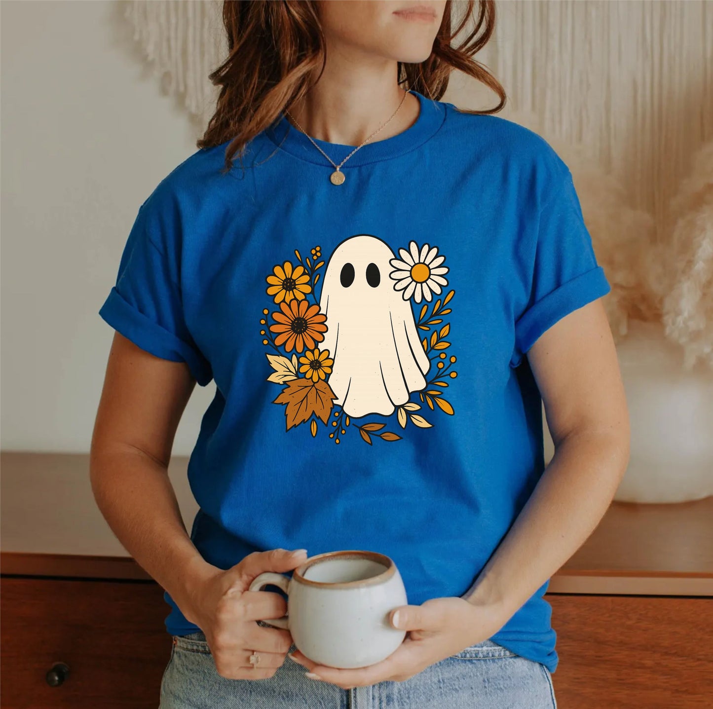 Spooky Floral Boo Shirt – Cute Halloween Ghost Tee With Flowers, Fall Aesthetic Graphic Top, Unisex October Outfit, Soft Goth Cottagecore Style - 29July