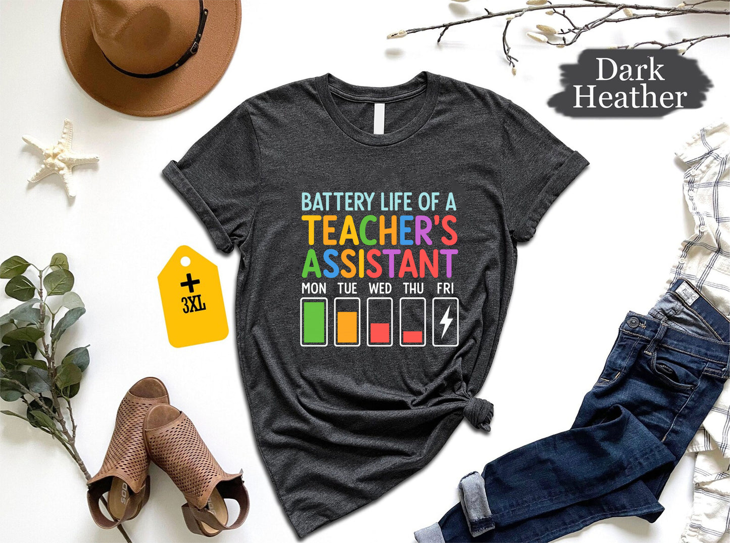 Battery Life Of A Teacher Assistant T-Shirt – Funny TA Shirt, School Staff Graphic Tee, Classroom Paraprofessional Gift, Unisex Education Shirt US 01