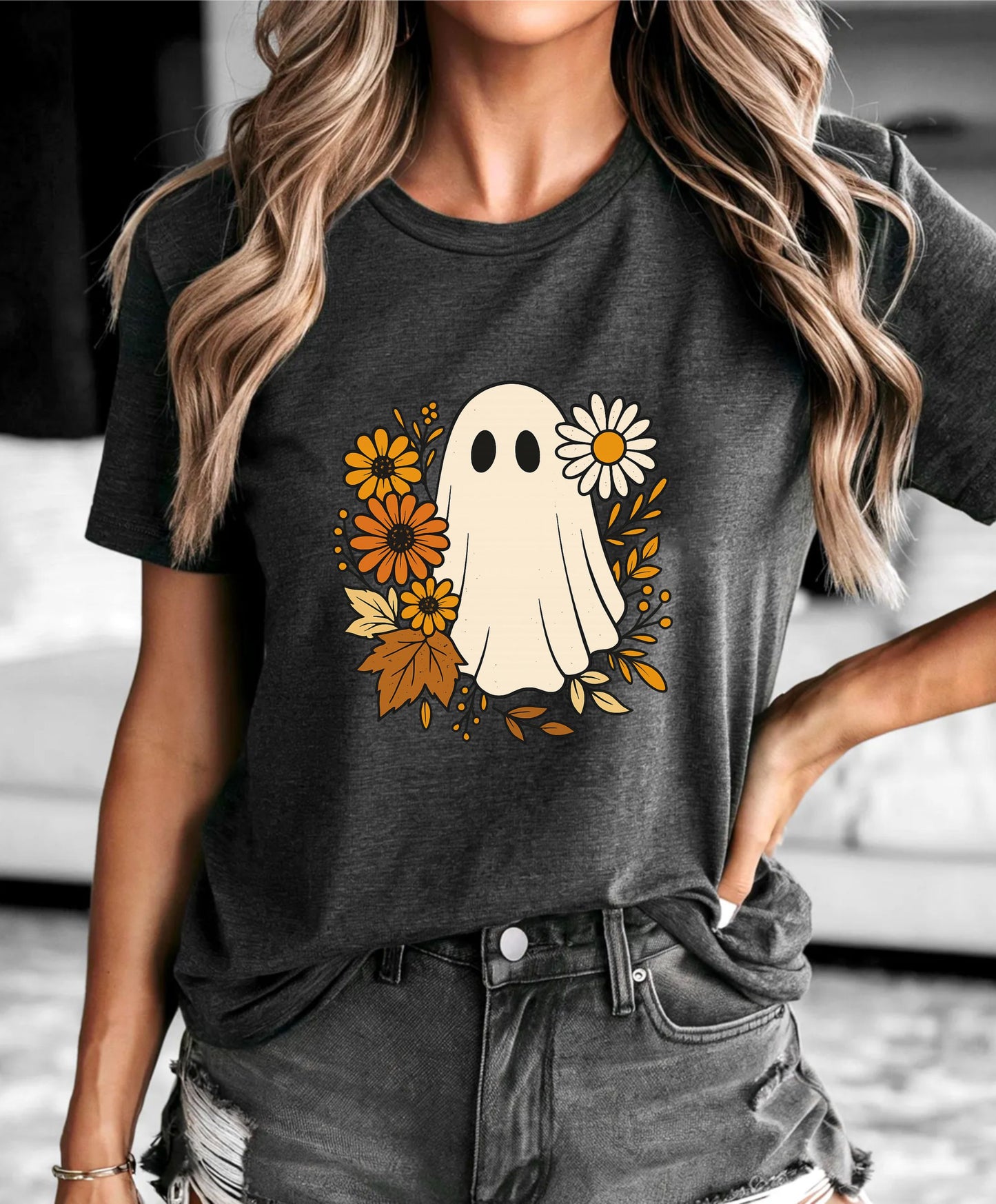 Spooky Floral Boo Shirt – Cute Halloween Ghost Tee With Flowers, Fall Aesthetic Graphic Top, Unisex October Outfit, Soft Goth Cottagecore Style - 29July