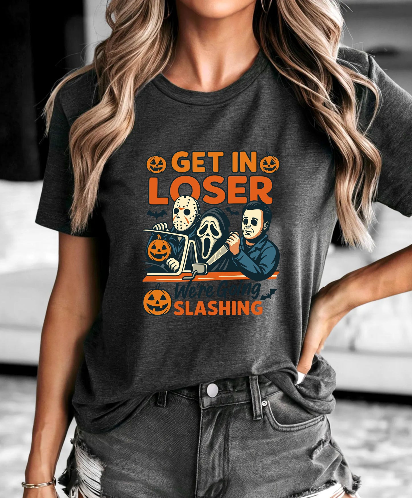 Get In Loser We're Going Slashing Shirt – Funny Halloween Horror Movie Tee, Spooky Killer Graphic Top, Unisex Scary Season Outfit for October 29july